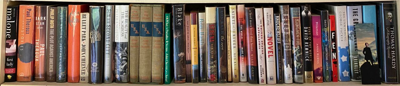 Photo of shelf A3 in the Left bookcase at Pleasant Street (third shelf from top)